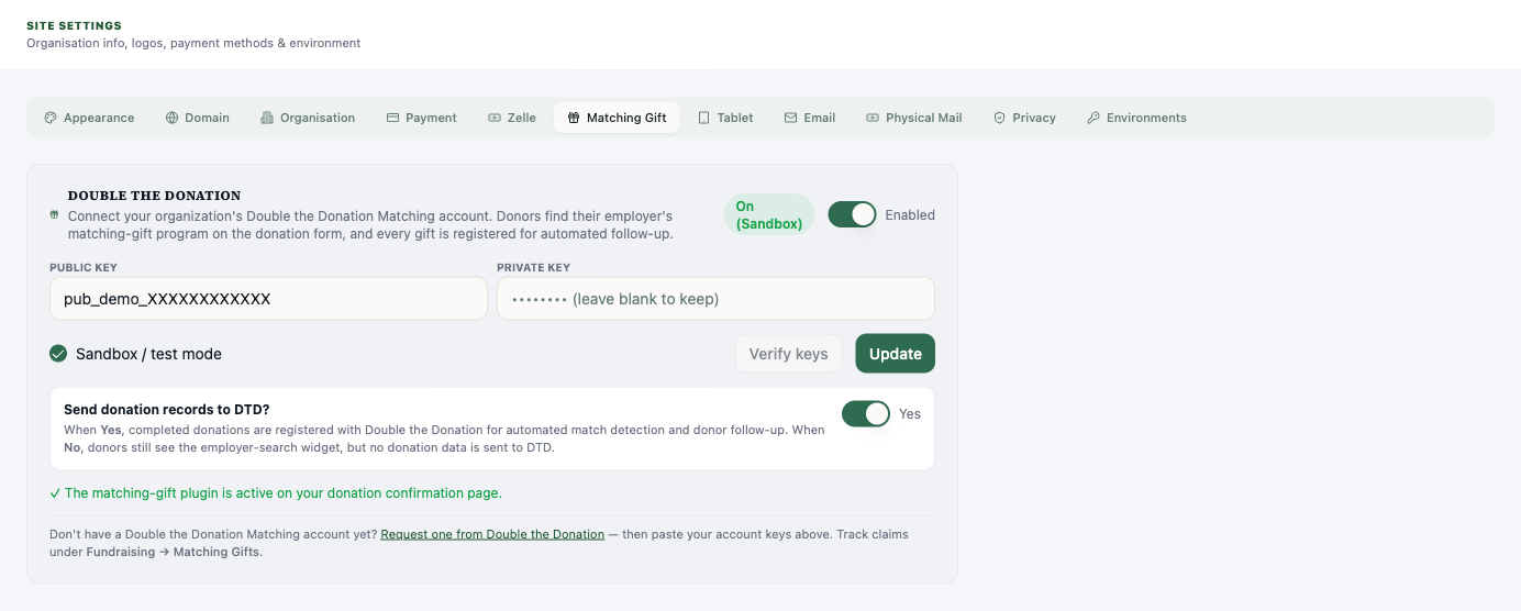 The Double the Donation card — keys, Verify, and Update